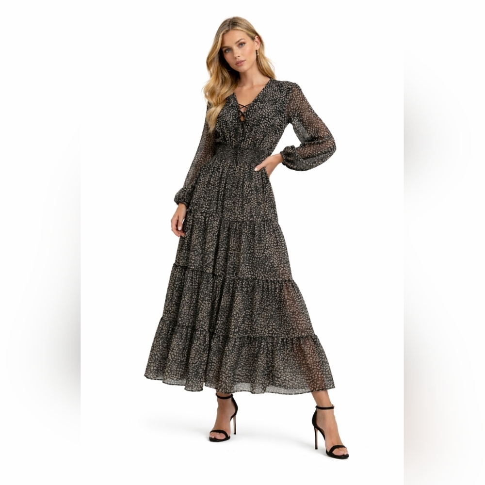 Bohme Leopard Maxi Dress Size M Long Sleeve Flowy Boho Tiered